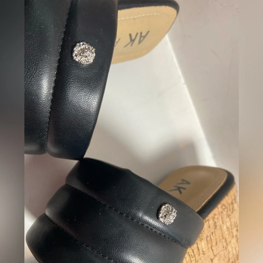 Anne Klein~Neutral~Black~Faux Leather~Open Toe~Slip-On Cork Wedge Sandal~Size 9